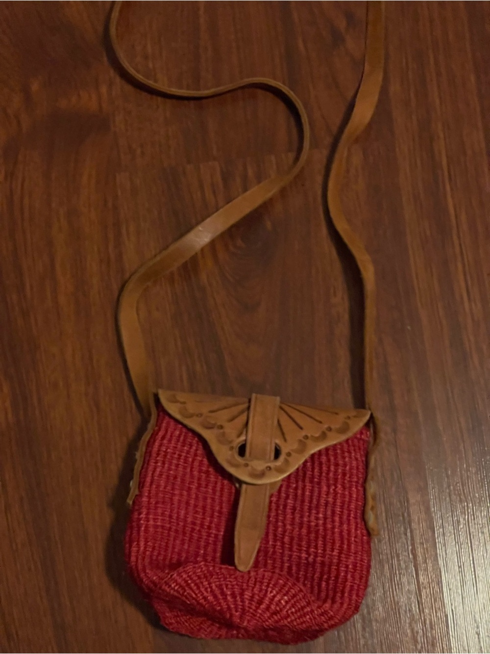 Red Woven Crossbody Bag with Tan Leather Accent